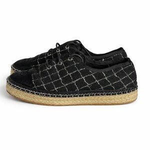 CHANEL Black Quilted Lace-Up Espadrille Sneakers Size 38 Designer Luxury